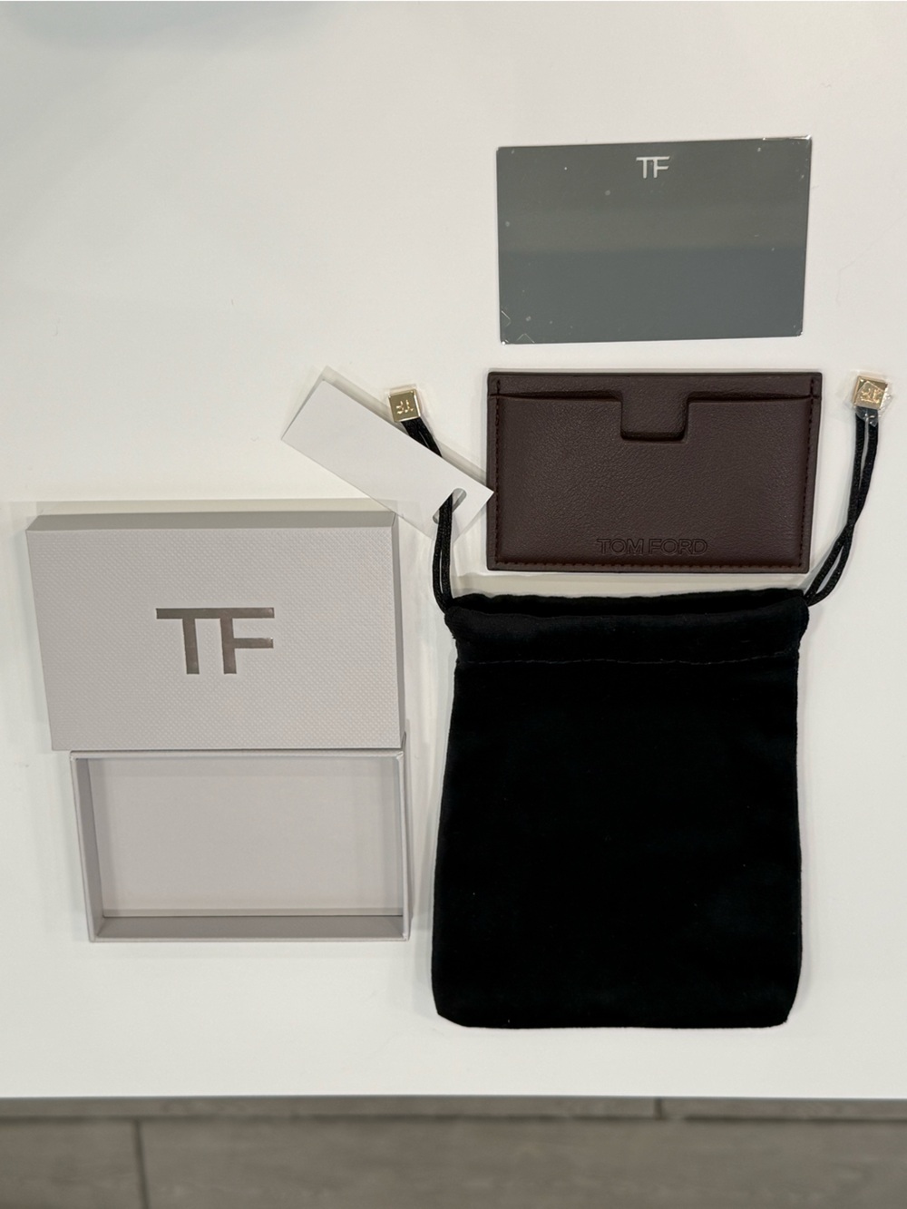 TOM FORD Pocket Mirror With Brown Card Case & Black Velvet Drawstring Pouch NIB